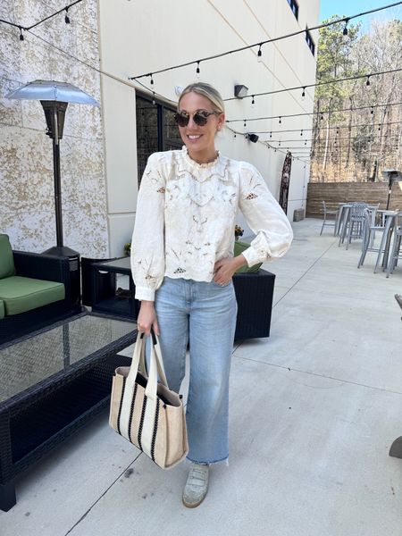 Spring casual outfit! White eyelet  top (TTS), wide leg jeans (size down) and sneakers (size up). Bag is old H&M 

#LTKfindsunder100 #LTKstyletip