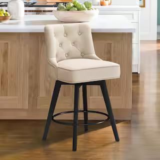 Roman 26.5 in. Line Fabric Upholstered Solid Wood Leg Counter Height Swivel Bar Stool With Back... | The Home Depot