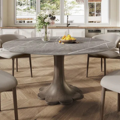 Gray Sintered Stone Round Dining Table Solid Wood Pedestal 4-8 Seats | Wayfair North America