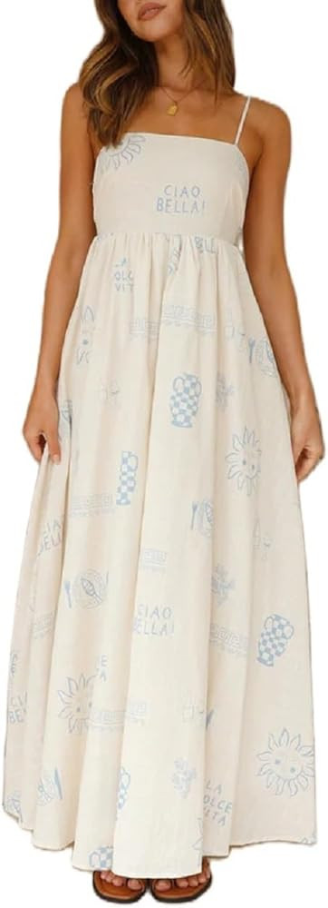 Women Summer Graffiti Maxi Dress Backless Spaghetti Strap Flowy Long Dress Graphic Print Vacation... | Amazon (US)