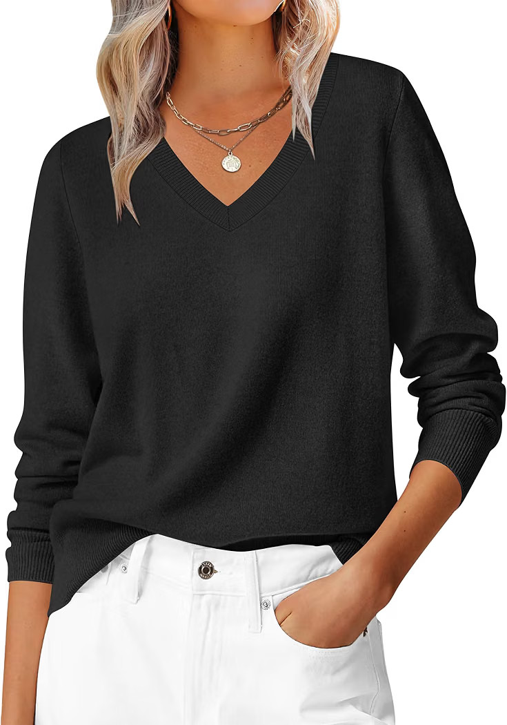 ANRABESS Women\u2019s Fall Long Sleeve V Neck Lightweight Sweaters Top     Soft Basic Loose Fit P... | Amazon (US)