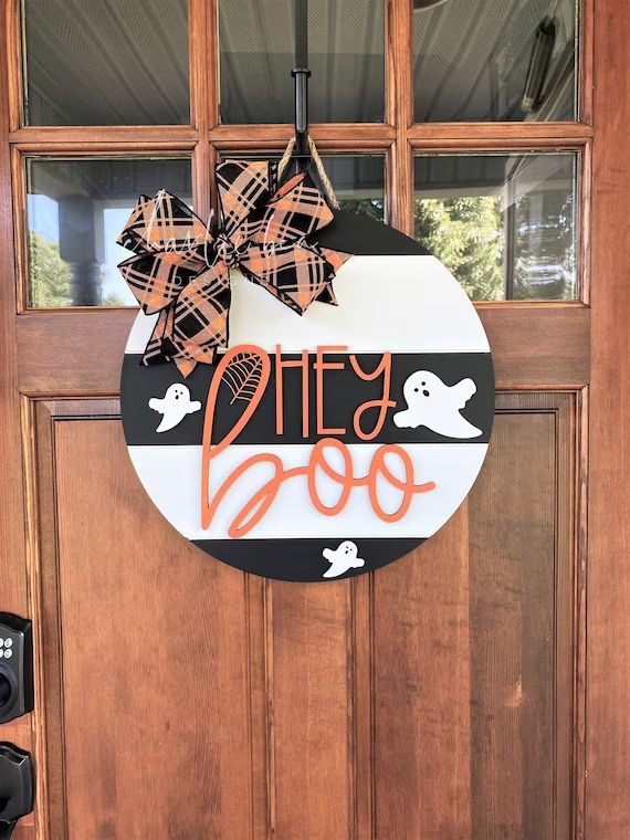 Halloween Door Sign Halloween Wreath Hey Boo Sign Black and - Etsy | Etsy (US)