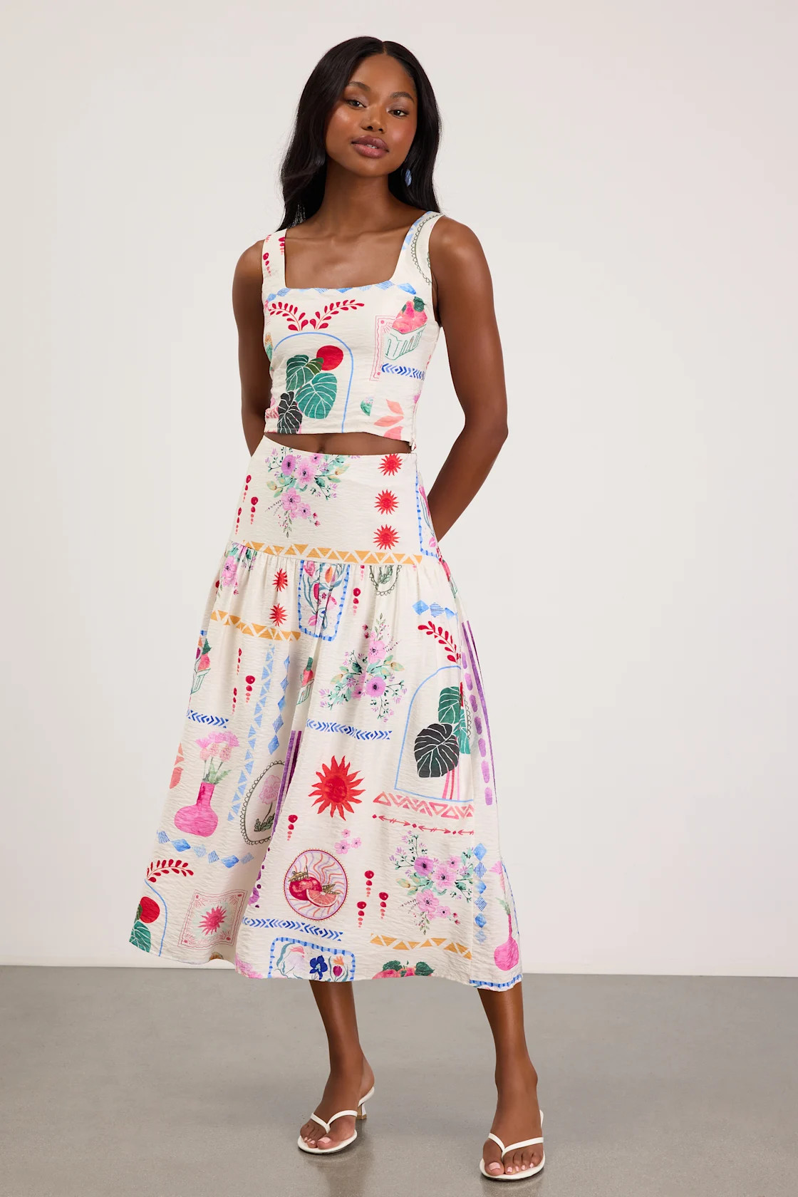 Fabella White Multi Print Textured Midi Skirt | Lulus