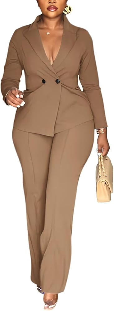 Kafiloe Women Double Breasted Blazer Pants Suit 2 Piece Outfits Casual Long Sleeve Blazer Set for... | Amazon (US)