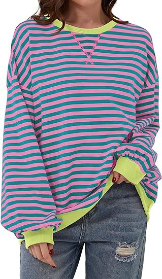 Women Oversized Striped Color Block Long Sleeve Crew Neck Sweatshirt Casual Loose Pullover Y2K Sh... | Amazon (US)