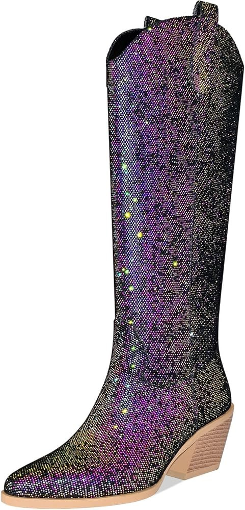 Cowboy Boots for Women Knee High Side Zipper Wide Leg Shiny Thigh High Western Boots Pointed Toe ... | Amazon (US)