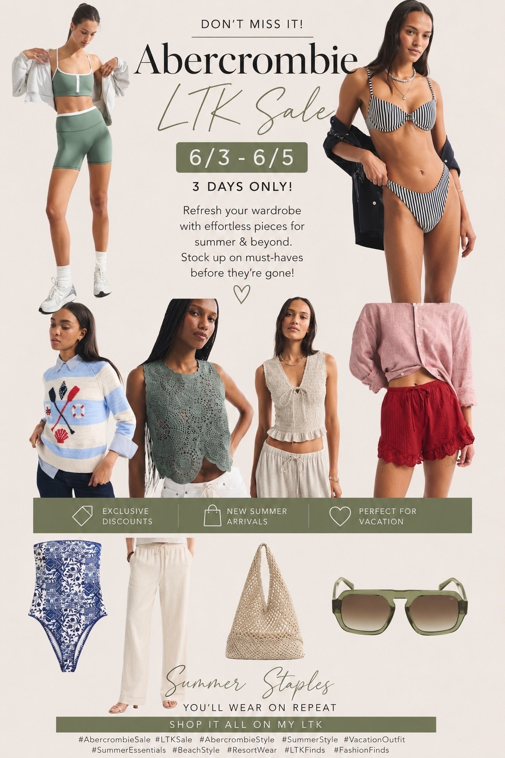 The Abercrombie LTK sale is officially taking over my wishlist 🤍🌿 From effortless resortwear and chic swim to elevated lounge sets and coastal-inspired knits… these are the pieces I know I’ll wear all summer long. Don’t wait on these because the good sizes always go FAST 👀✨

🛍️ Abercrombie LTK Sale
📅 6/3–6/5
☀️ Vacation-ready finds
🤍 Elevated basics
🌊 Coastal summer vibes
✨ Trending styles & accessories

#Abercrombie #AbercrombieStyle #LTKSale #LTKFinds #SummerStyle #VacationOutfits #BeachStyle #ResortWear #SummerWardrobe #SwimwearStyle #EffortlessStyle #NeutralFashion #FashionFinds #SummerEssentials #VacationPacking #TrendingFashion #AbercrombieSale #LTKFashion #BeachVacation