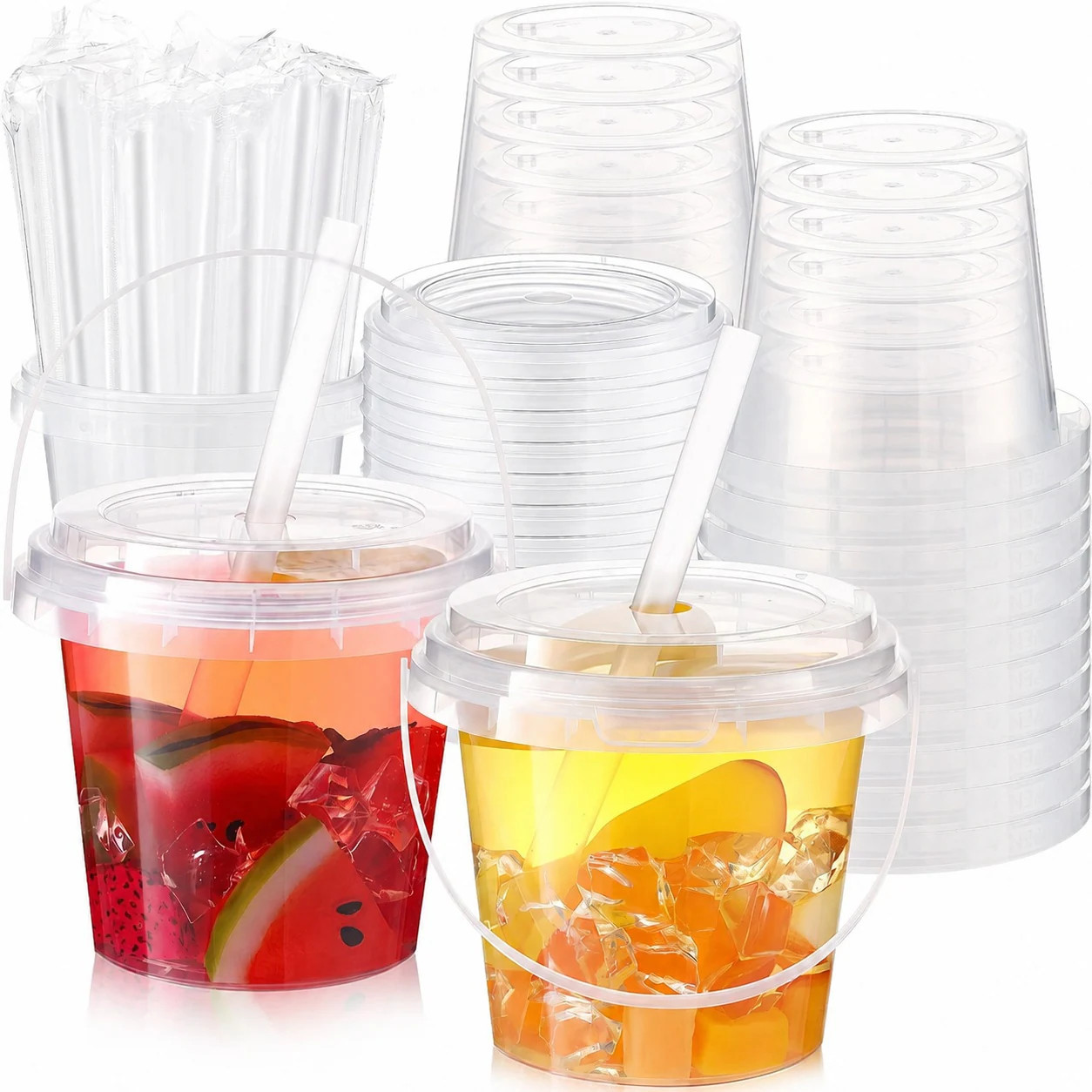 Phyfalip 30 Set Clear Plastic Cups 24 oz with Lids and Straws Disposable Drink Buckets with Handles for Parties Pool Beach Travel and Events | Lowe's