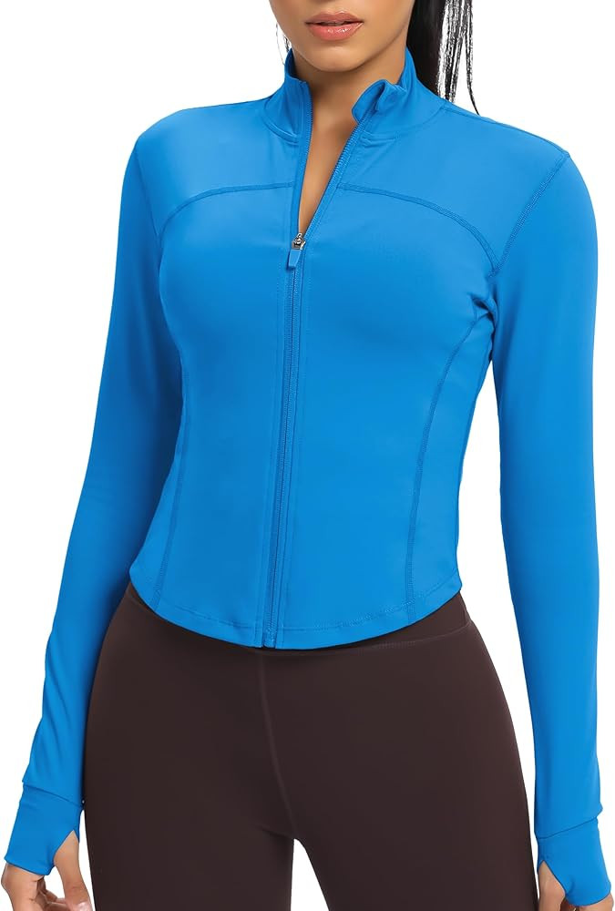 Women's Lightweight Zip Up Workout Jackets Yoga Cropped Running Gym Track Athletic Jacket with Th... | Amazon (US)