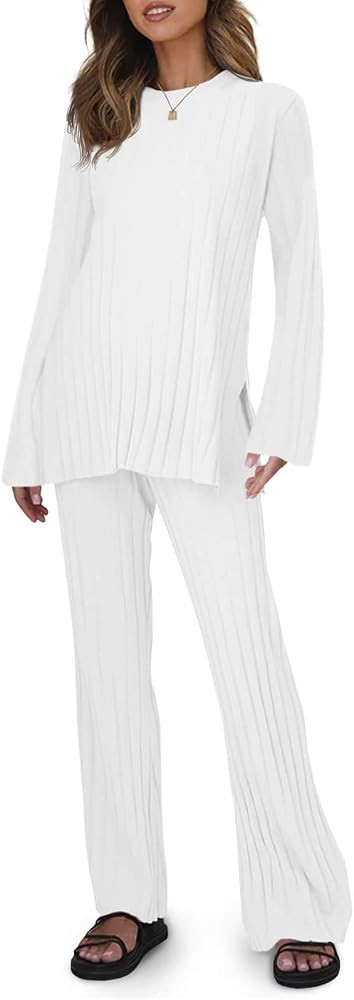 Tankaneo Womens Lounge Set 2 Piece Outfits Ribbed Knit Long Sleeve Top and Pant Sets Casual Pajam... | Amazon (US)