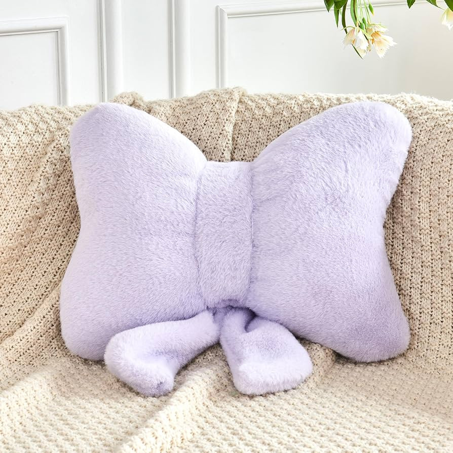 Lavender Bow Pillow, Soft Bow Decorative Pillows with Faux Rabbit Fur, Cute 16" Bow Throw Pillows... | Amazon (US)