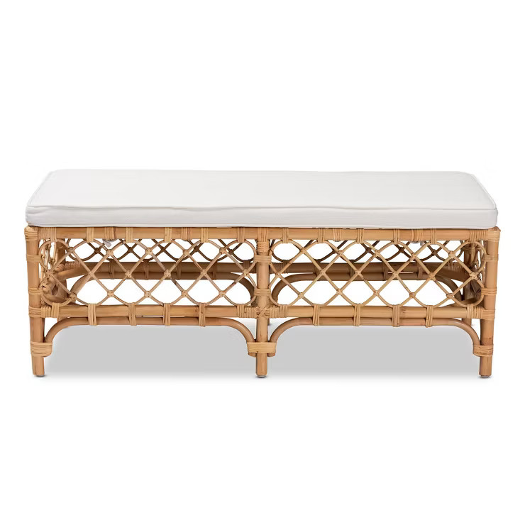 Orchard Fabric Upholstered and Rattan Bench White/Natural - Baxton Studio | Target