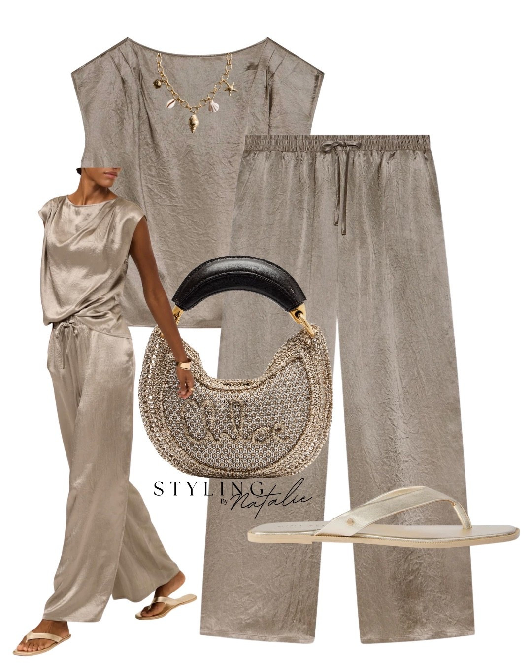 Satin gold co-ord ✨
Drawstring wide leg trousers and top, gold sandals, gold raffia Chloe bag, pull on trousers, comfy chic, metallic look, matching set, holiday outfit, evening look.

#LTKsummer #LTKdatenight #LTKeurope