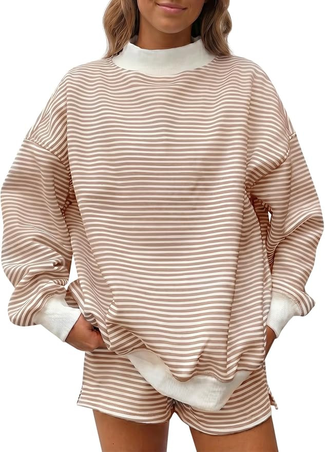 Fisoew Womens Striped 2 Piece Matching Sets Mock Neck Workout Lounge Outfit | Oversized Sweatshir... | Amazon (US)