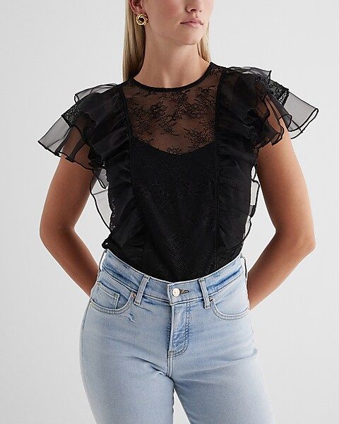 Lace Crew Neck Tulle Flutter Sleeve Tee | Express