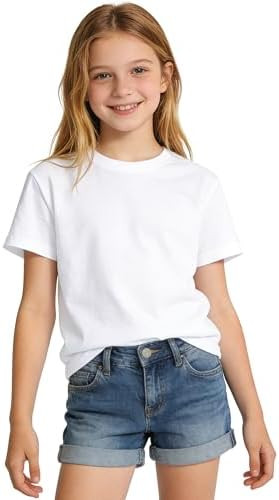 Amazon.com: Auranso Girls Shirts Short Sleeve Cotton Kids T-Shirts Plain Basic Tee Clothes Summer... | Amazon (US)