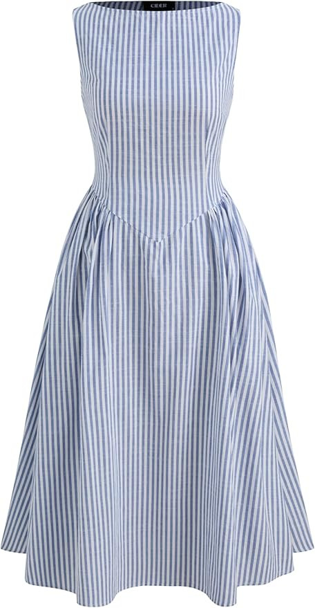 CIDER Summer Striped Ruffle Maxi Dress Boat Neck Regular Fit Mid Waist Casual Woven Short Sleeve | Amazon (US)