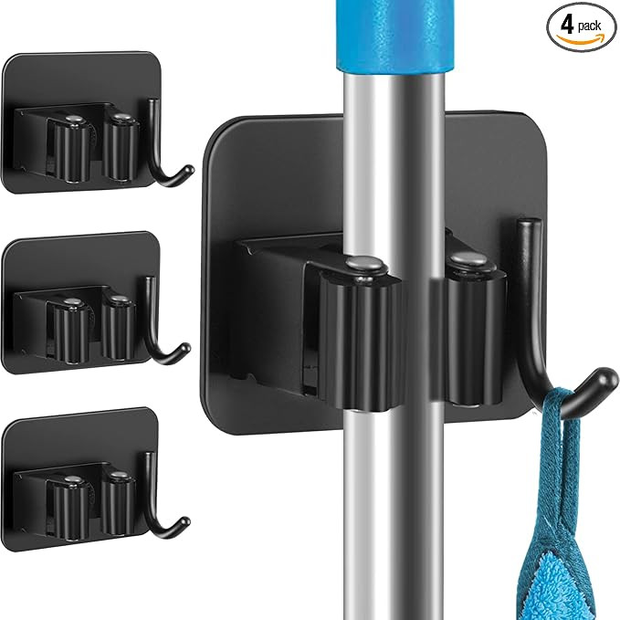4 Pack Anti-Slip Broom Holder, Space-Saving, Damage-Free Wall Mount, Stainless Steel, Black | Amazon (US)