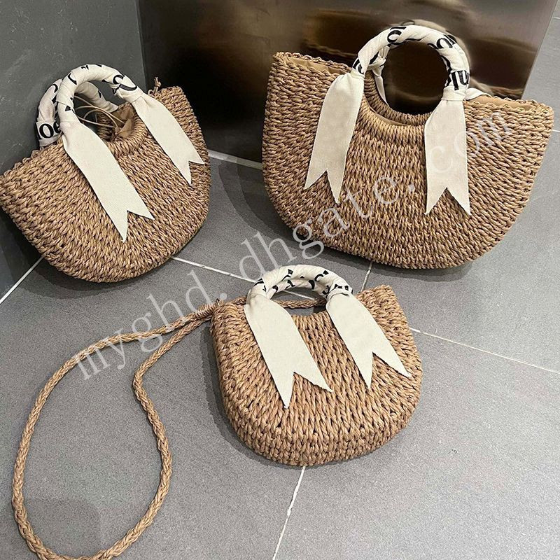 Women Straw Woven Handbag Scarf Moon Style Holiday Handheld Tote Bag With Dust Bag | DHGate