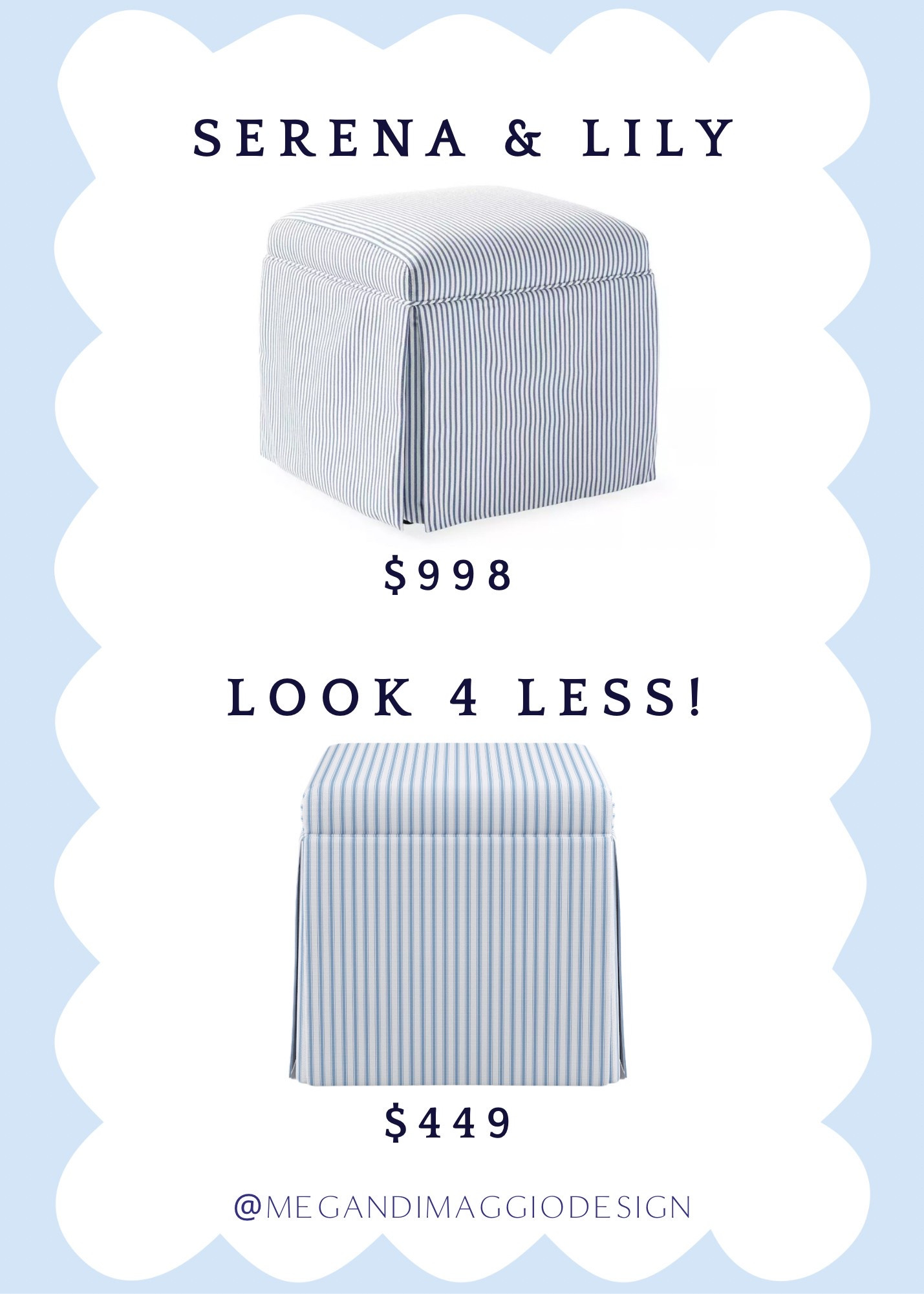 This Serena & Lily Harrison blue and white stripe skirted ottoman is super pretty but a tad pricey. Score this look for less version (that has storage!! 🙌🏻) for more than half the price!! 😍

#LTKSaleAlert #LTKHome