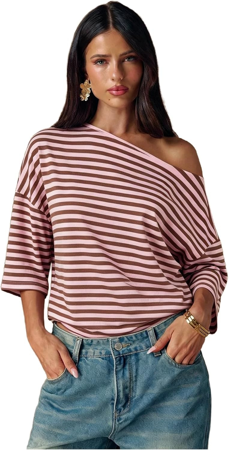 Milumia Women Striped One Off Shoulder Oversized Top Y2k Casual Grunge Tee | Amazon (US)