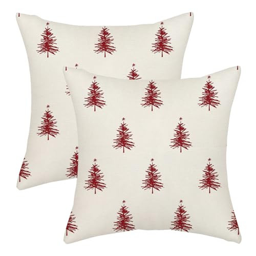 AGAYNA Christmas Pillow Covers 16x16 Christmas Tree White Red Decor Throw Pillows Case for Couch Winter Xmas Indoor Outdoor Decorative Cushion Cases for Sofa Bed Decorations Set of 2 | Amazon (US)