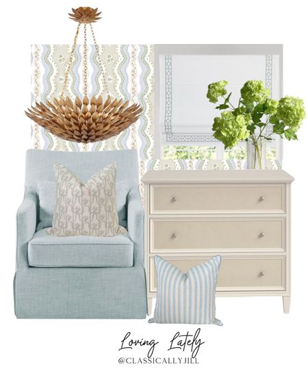 Grandmillennial bedroom design, dresser, accent chair, pillows, Roman shades, chandelier 

#LTKhome