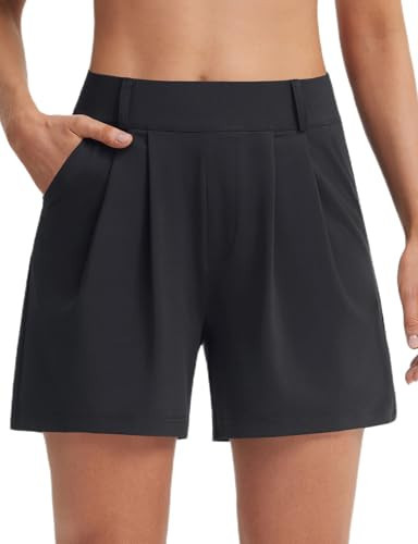 baleaf Womens Dressy Casual Shorts 5" High Waisted Summer Lounge Tailored Pleated Trouser Shorts with Pockets Black L | Amazon (US)