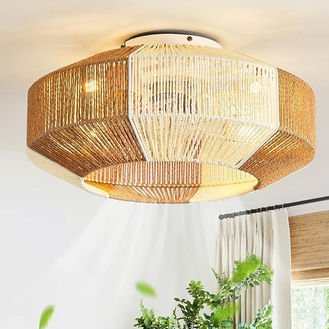 ainqiant 20Inch Flush Mount Boho Ceiling Fans with Lights, Rattan Caged Ceiling Fan with Light an... | Amazon (US)