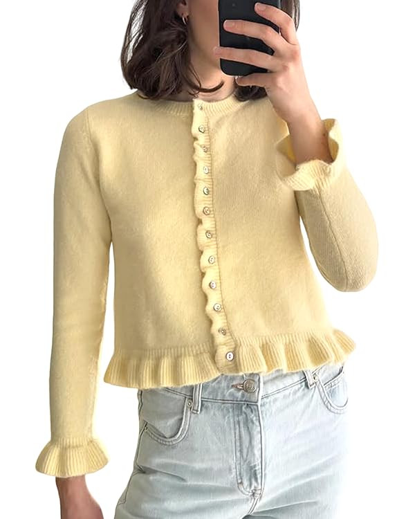 Wyeysyt Womens Cropped Cardigan Sweaters Ruffle Hem Crewneck Button Down Knit Fall Sweater Long S... | Amazon (US)