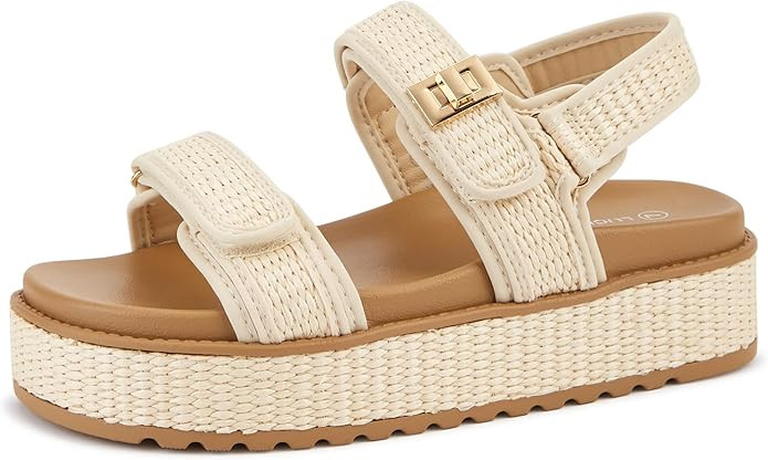 LUCKY STEP Women's Raffia Platform Wedge Sandals Open Toe Slingback Sandals Adjustable Double Str... | Amazon (US)