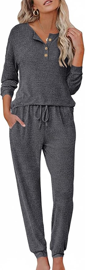 Ekouaer Womens Pajama Sets Long Sleeve Lounge Set 2 Piece Pj Sets for Women Henley Neck Casual Sl... | Amazon (US)