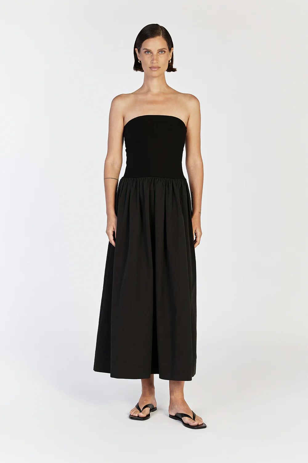 SOPHIE BLACK STRAPLESS MIDI DRESS | DISSH