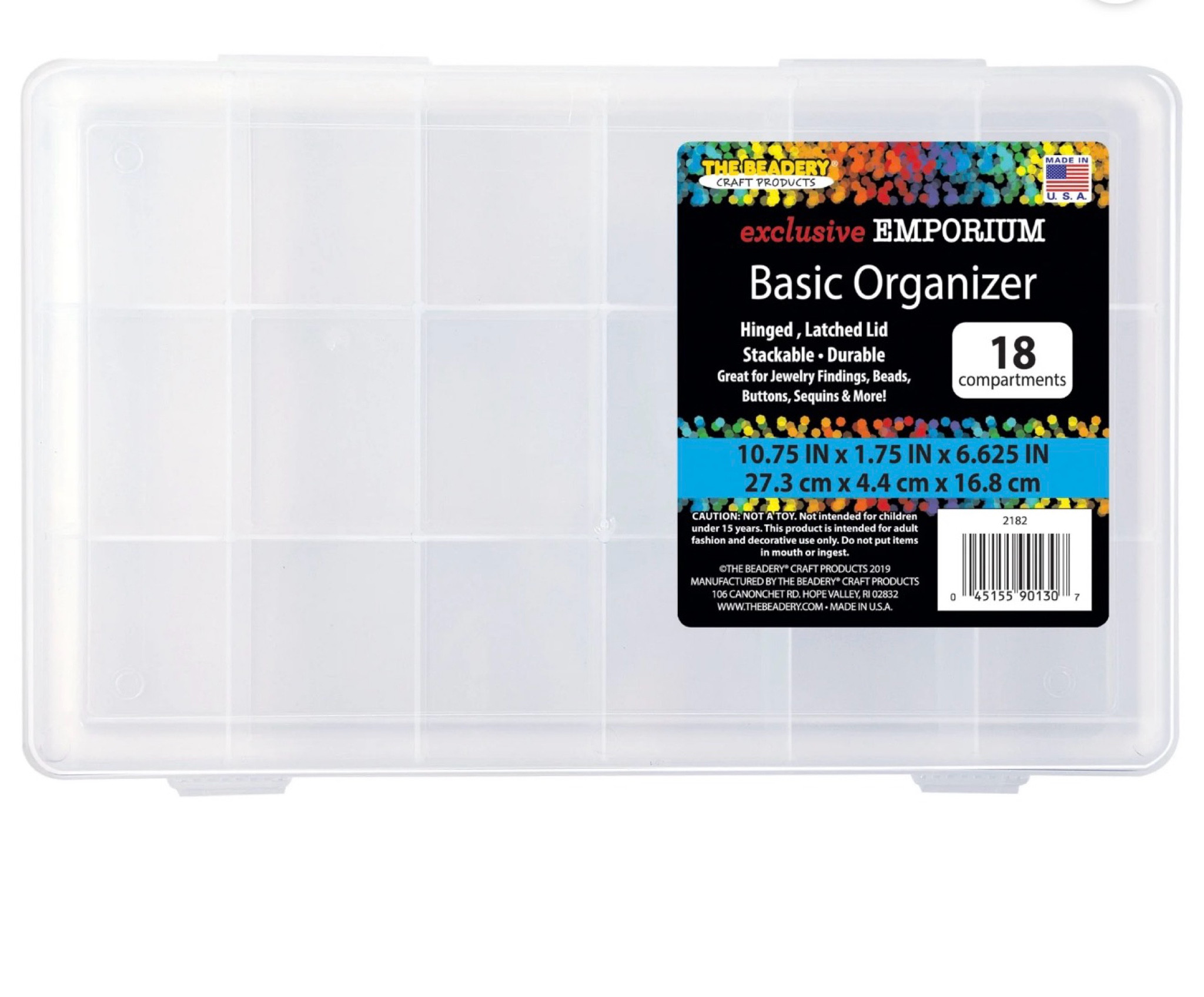 The Beadery 18-Compartment Clear Plastic Organizer Box for Beads, Crafts and Jewelry Storage
