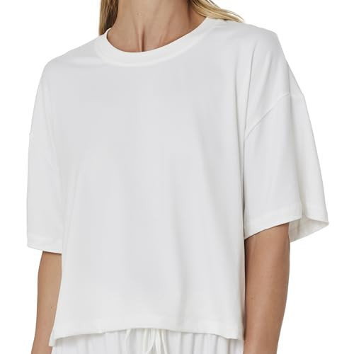 BUMPSUIT Cropped Tshirt Crew Neck for Ladies, Short Sleeve Comfortable Lightweight Loose Fit Crop Tops for Women Ivory | Amazon (US)