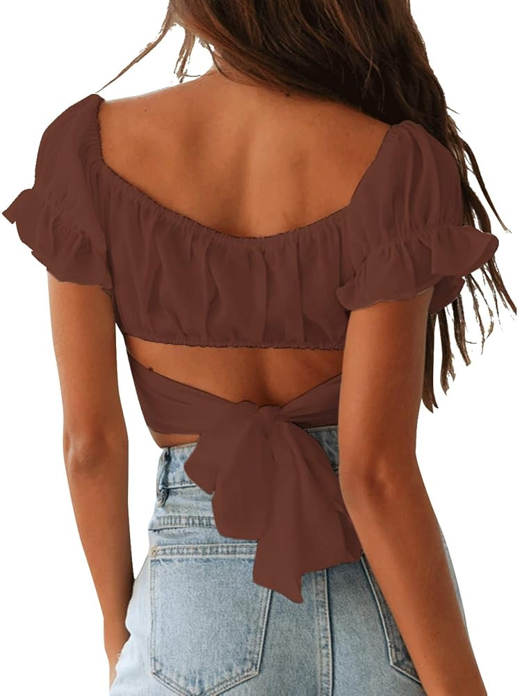 LYANER Women's Ruffle Short Sleeve Tie Up Back Crop Top Off Shoulder Bardot Blouse | Amazon (US)