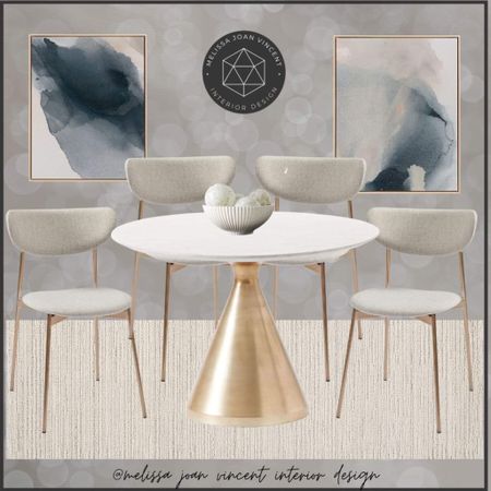 | DINING | Love this very light and airy color palette. 🤍✨

Dining Room | Sale | West Elm | Round Dining Table | Art | Gold | White | Dining Chairs 

#LTKstyletip #LTKhome #LTKsalealert