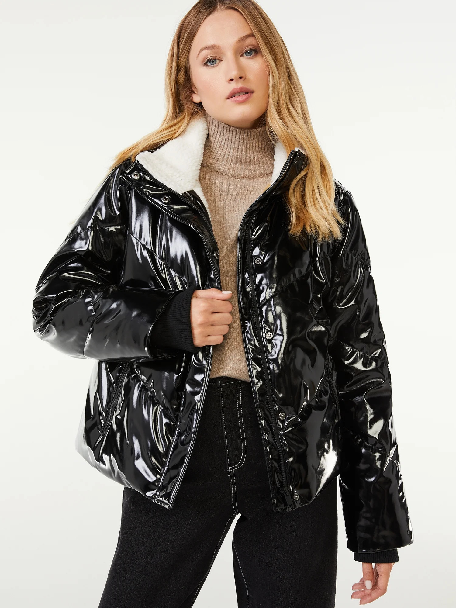 Scoop Women's High-Shine Faux Leather Puffer Jacket with Faux Sherpa Lining - Walmart.com | Walmart (US)