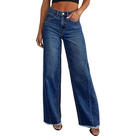 PRETTYGARDEN Wide Leg Jeans for Women Trendy High Waisted Stretchy Baggy Raw Hem Denim Palazzo Pants with Pockets | Walmart (US)