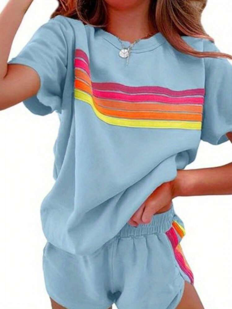 2 Piece Lounge Sets For Women Summer Rainbow Striped Tops Casual Shorts Color Blocked Suit Sweatshirts Set | SHEIN