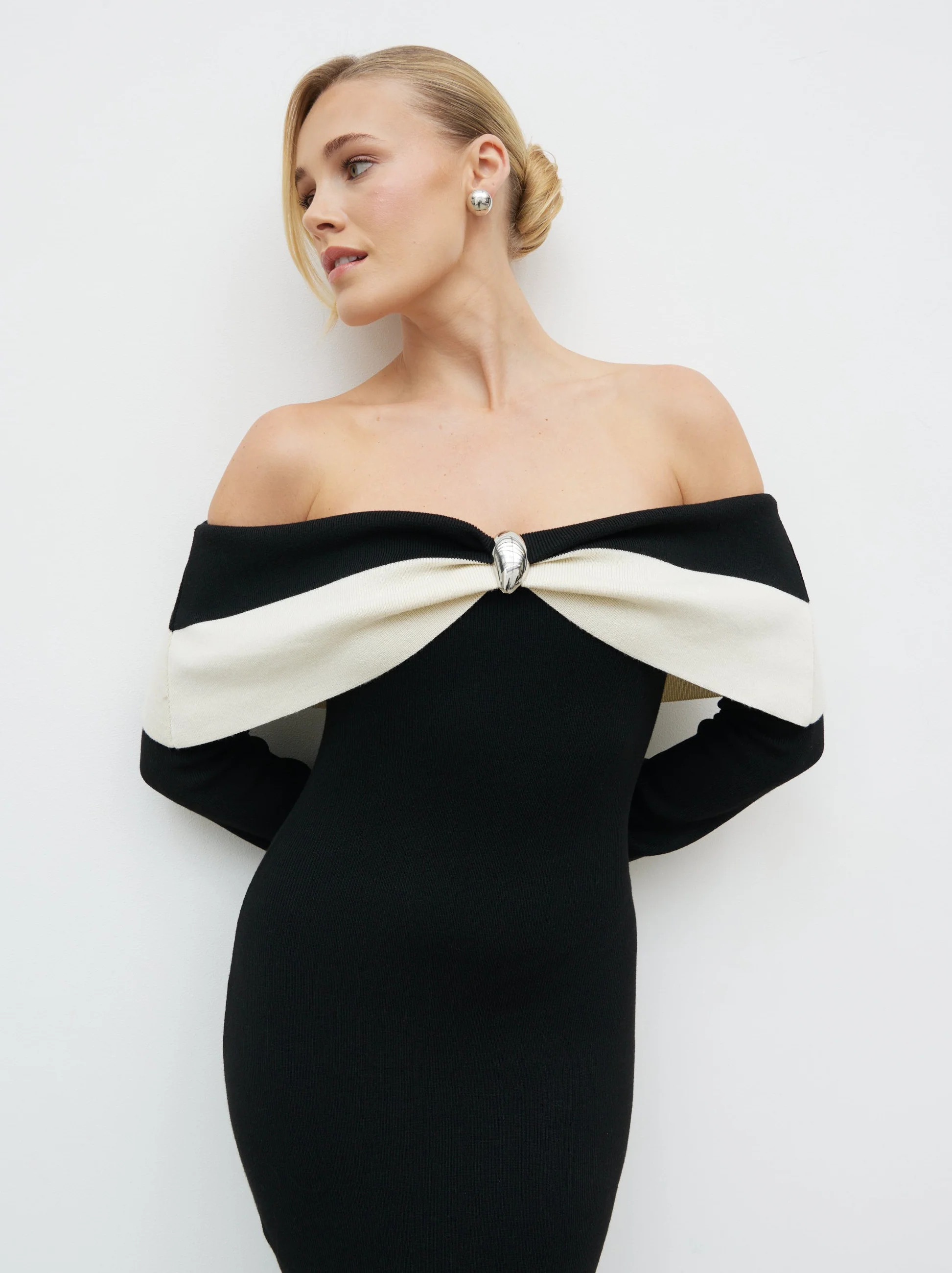 Aroma Bardot Trim Knit Midaxi Dress - Black and Cream | Pretty Lavish (UK)