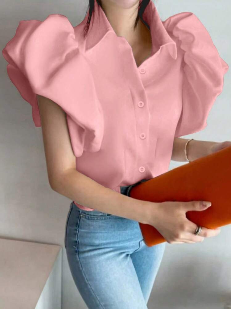 INAWLY Women's Solid Color Front Button Elegant Blouse, Puff Sleeve Design | SHEIN