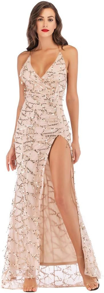 Backless Dress Sexy Women V Neck Long Maxi Sequin Halter Split Evening Party Dance Dresses SPE969 | Amazon (US)