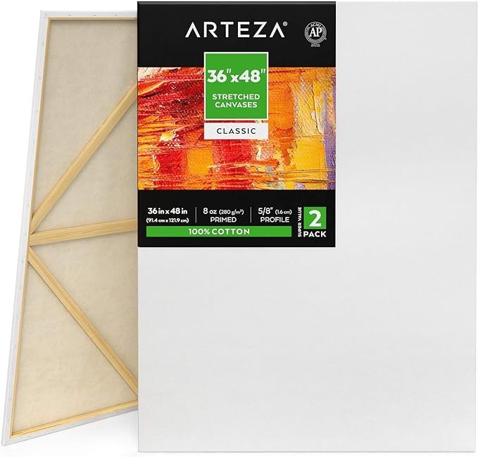 Arteza Stretched Canvas, Pack of 2, 36 x 48 Inches, Blank White Canvases, 100% Cotton, 8 oz Gesso... | Amazon (US)