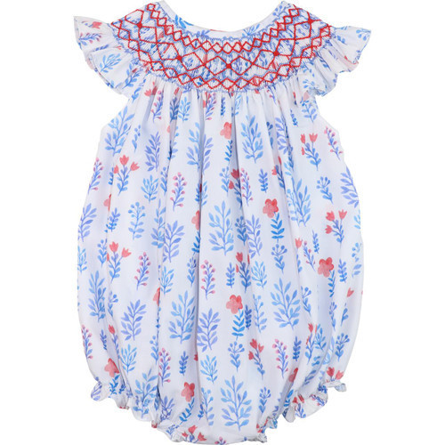Red And Blue Floral Geometric Smocked Bubble | Cecil and Lou