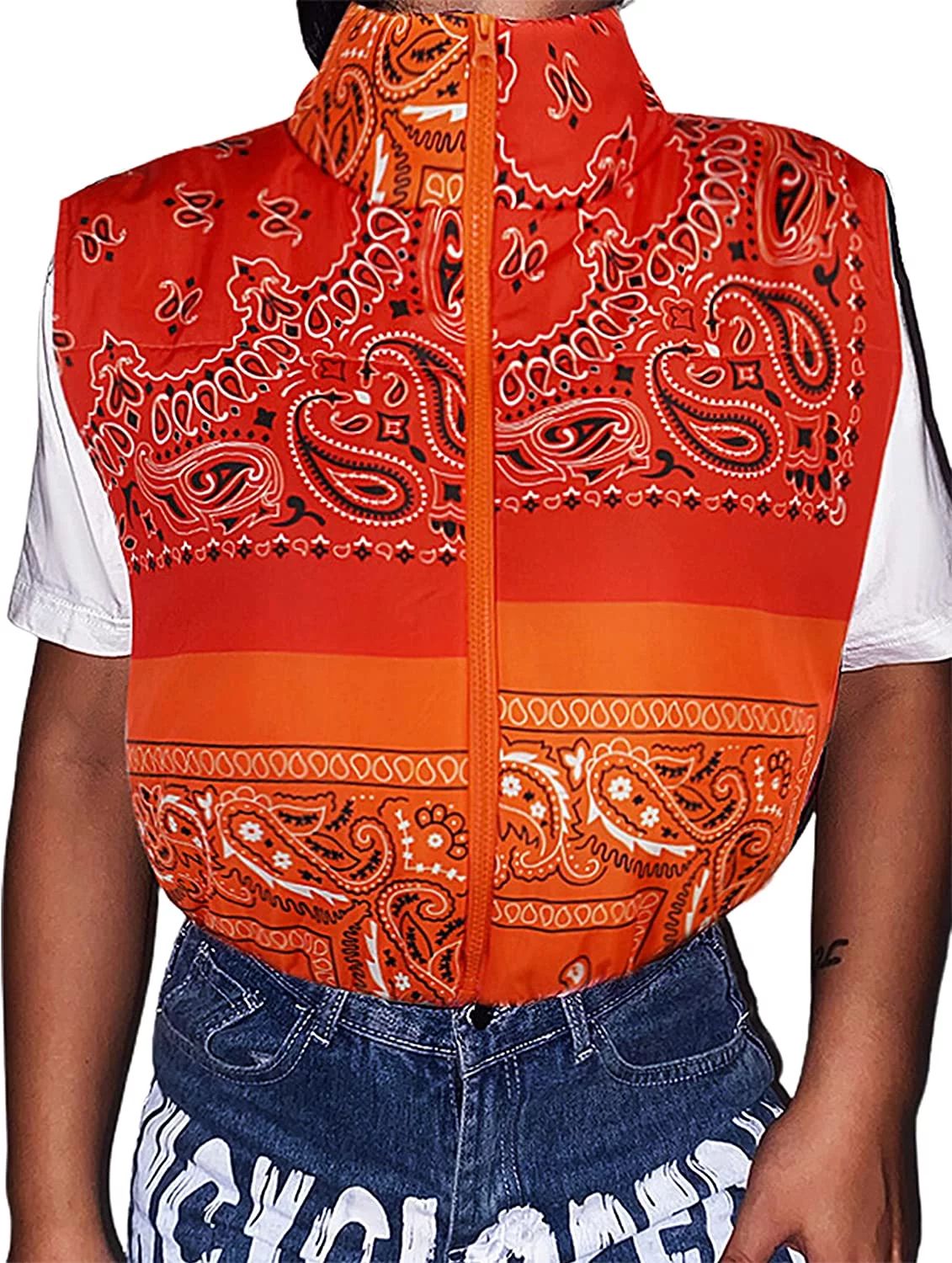 DanceeMangoos Women's Sleeveless Puffer Jacket Pasley Print Bandana Jacket Vest Outerwear | Walmart (US)