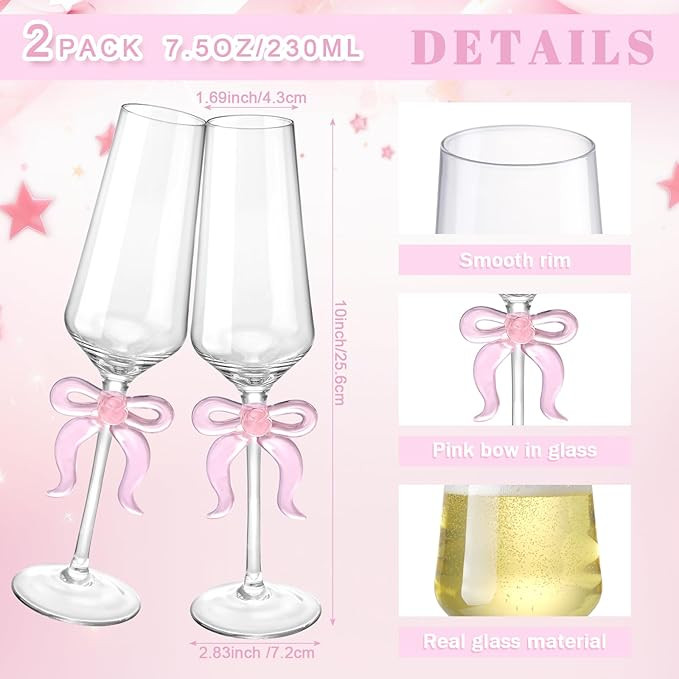 2 Pack Bow Wine Glasses Pink Bow Clear Champagne Glasses 7.5 oz Delicate and Elegant Pink Coupe D... | Amazon (US)