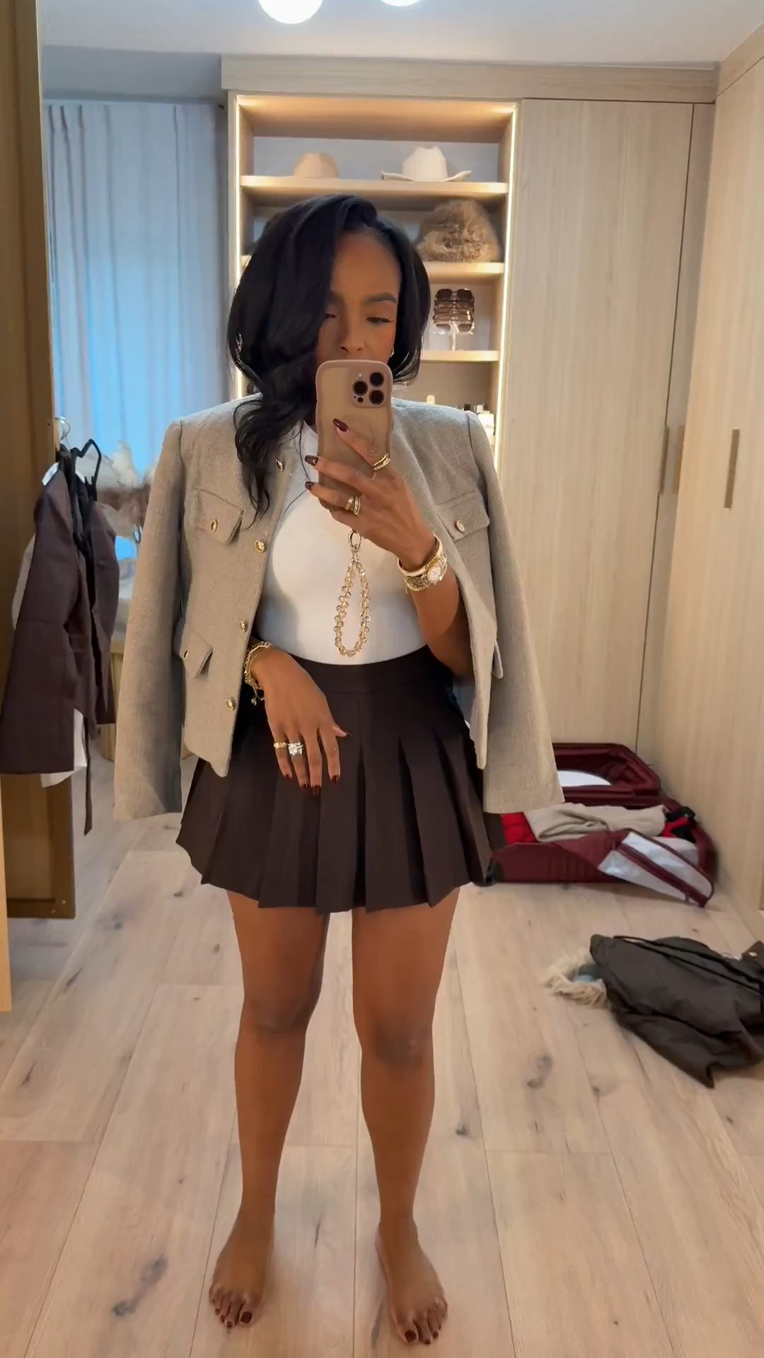 Effortlessly chic — a pleated mini skirt paired with a crisp white bodysuit and topped with a structured neutral jacket for that polished, feminine silhouette. The kind of look that’s flirty, classic, and instantly put-together without trying too hard.  
Ideal for brunch dates, holiday events, or elevated casual days.

📏 Sizing: Bodysuit (Small) • Jacket (Small) • Skirt (Small)  
📏 Measurements: 5'4", 138 lbs, 34D, 27" waist, 40" hips  
⚡️ Black Friday deals active until December 1 — everything linked for quick shopping.

pleated mini skirt outfit ideas, neutral fall outfit inspiration, winter chic looks, feminine layered outfits, classy casual outfits, elevated basics, preppy style ideas, capsule wardrobe staples, polished everyday looks.

Tap to get details and shop instantly on the app.

Follow me on Instagram and YouTube @kirasfashionfinds

#LTKvlog #LTKootd