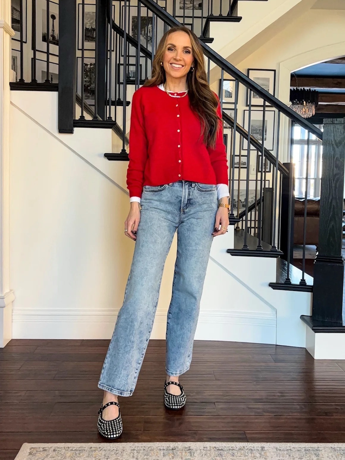 @kohl’s red cardigan sweater + jeans + jeweled ballet flats 

#LTKSeasonal #LTKFindsUnder50 #LTKStyleTip