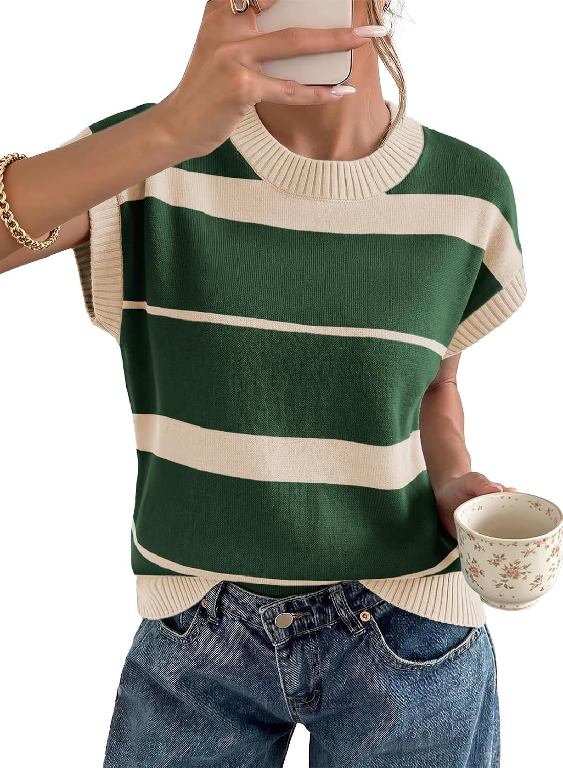 EVALESS Women's Striped Short Sleeve Knit Sweater Top | Amazon (US)